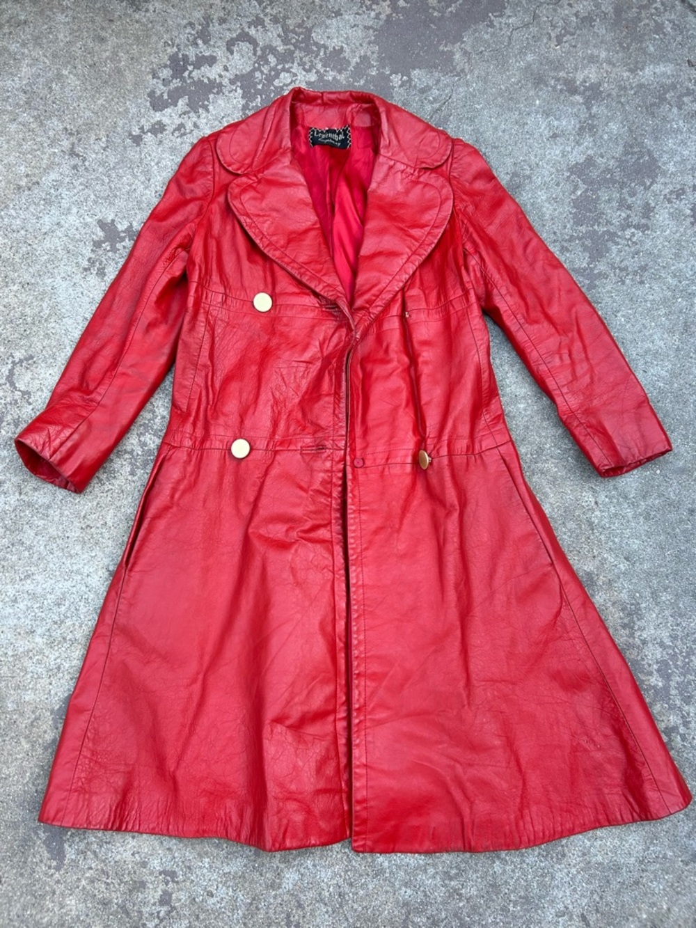 Women's Red Leather Trench Coat with Gold Buttons